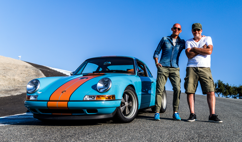 Singer Vehicle Design’s Phoenix Commission, sitting at the base of Laguna Seca’s Corkscrew, with Borraccino and Dickinson. Photo Credit: Kurt Bradley